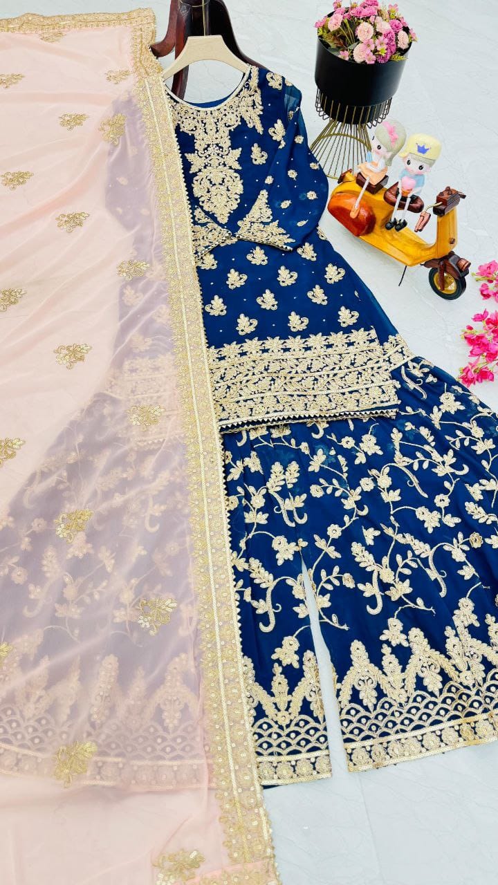 Blue Color Beautiful Sharara Dress in Georgette Fabric