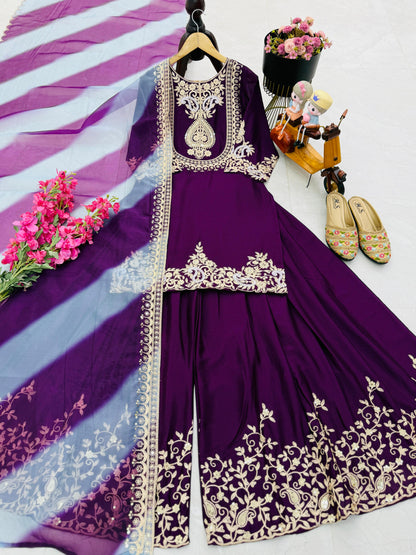 Purple Color Partywear Sharara Suit in chinon silk fabric