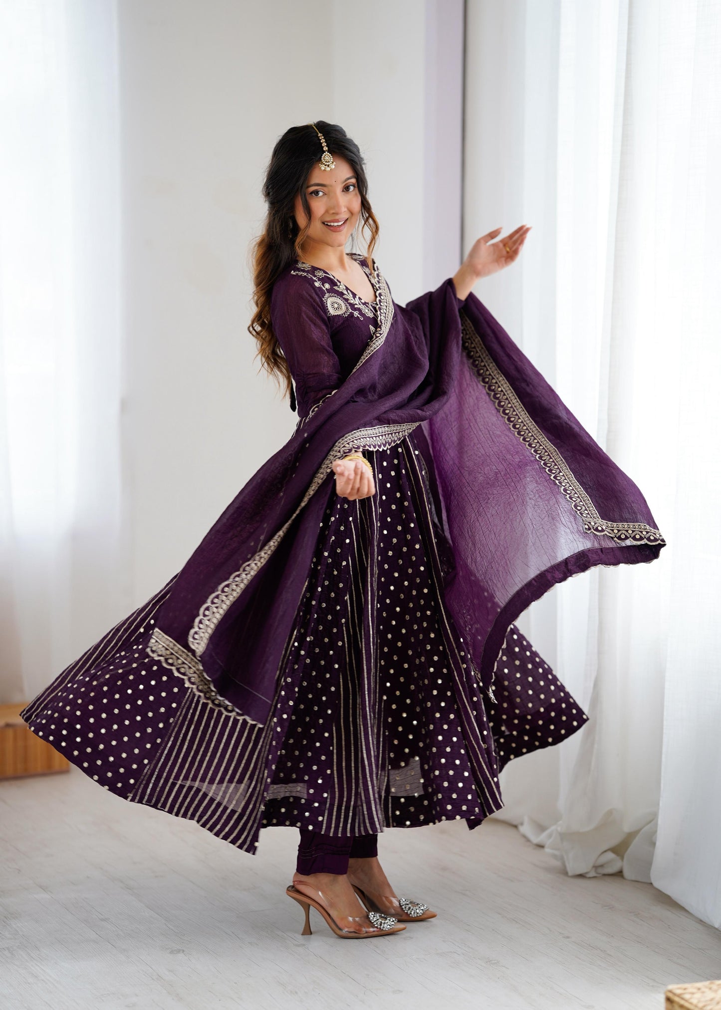 purple color anrakli gown in silk fabric with embroidery work