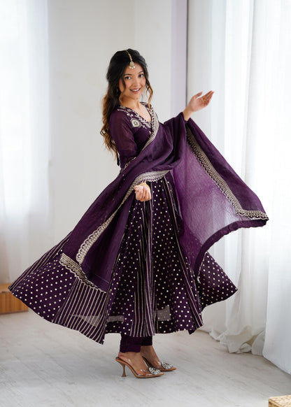 purple color anrakli gown in silk fabric with embroidery work