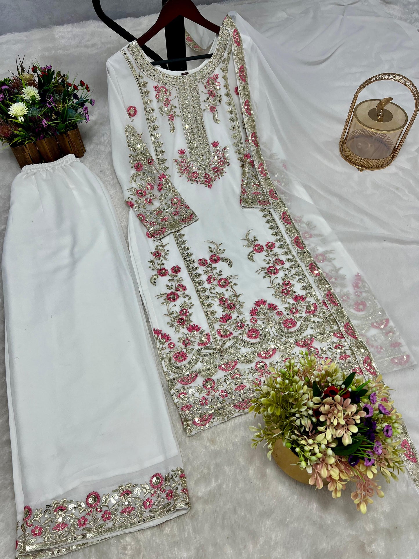 White color 3 Piece Stylish Kurti Dupatta With Beautiful Plazzo
