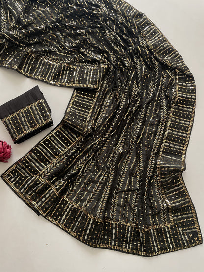 Black Color Beautiful Partywear Georgette Fabric Saree