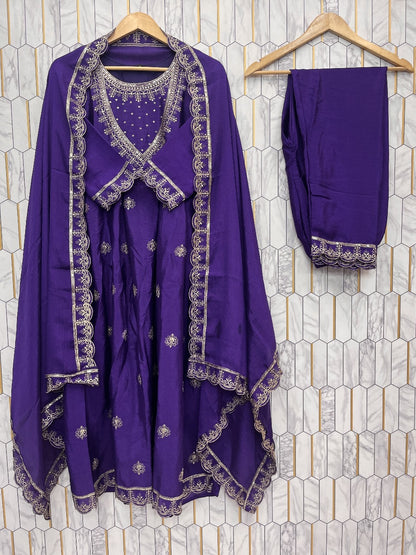 Purple Color Traditional Dress in Chinon Fabric