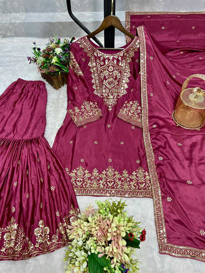 Embroidery And Sequence Worked Top-Sharara And Dupatta Set Fully Stitched Ready To Wear