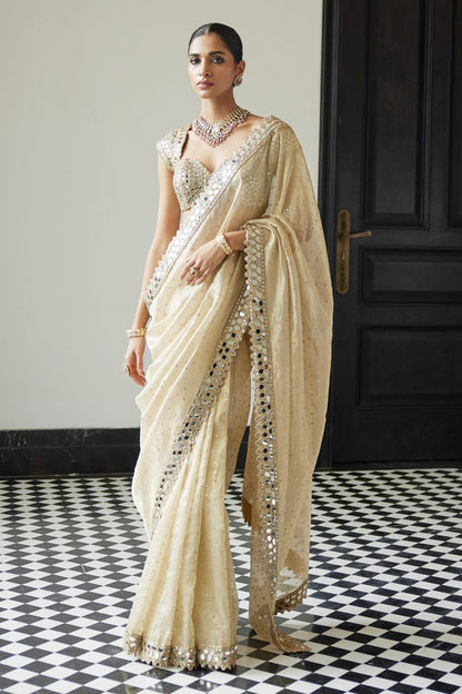 White Cream Color Beautiful PArtywear Saree in Organza SAree