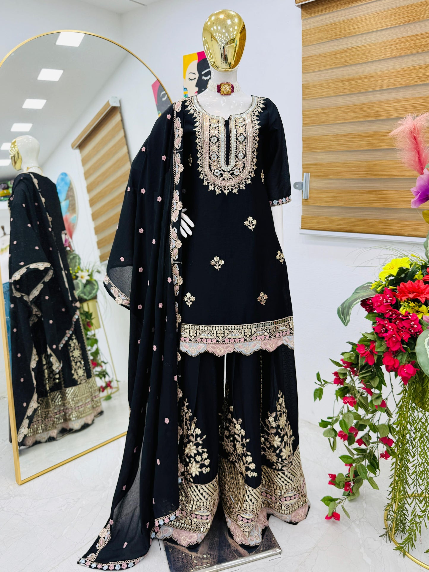 Designer Party Top Sharara & Dupatta Set in black color