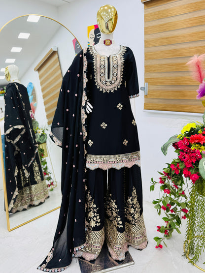 Designer Party Top Sharara & Dupatta Set in black color