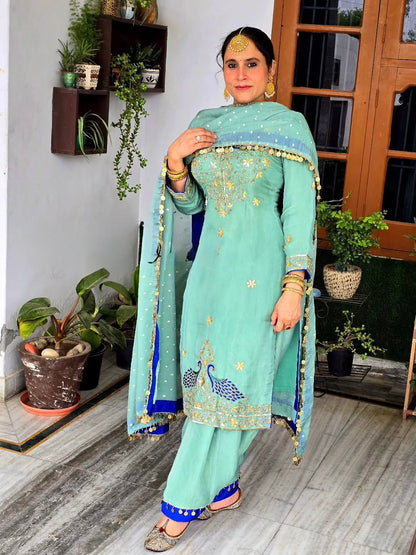 georgette embroidered coding sequence work with fancy top-plazzo dupatta set