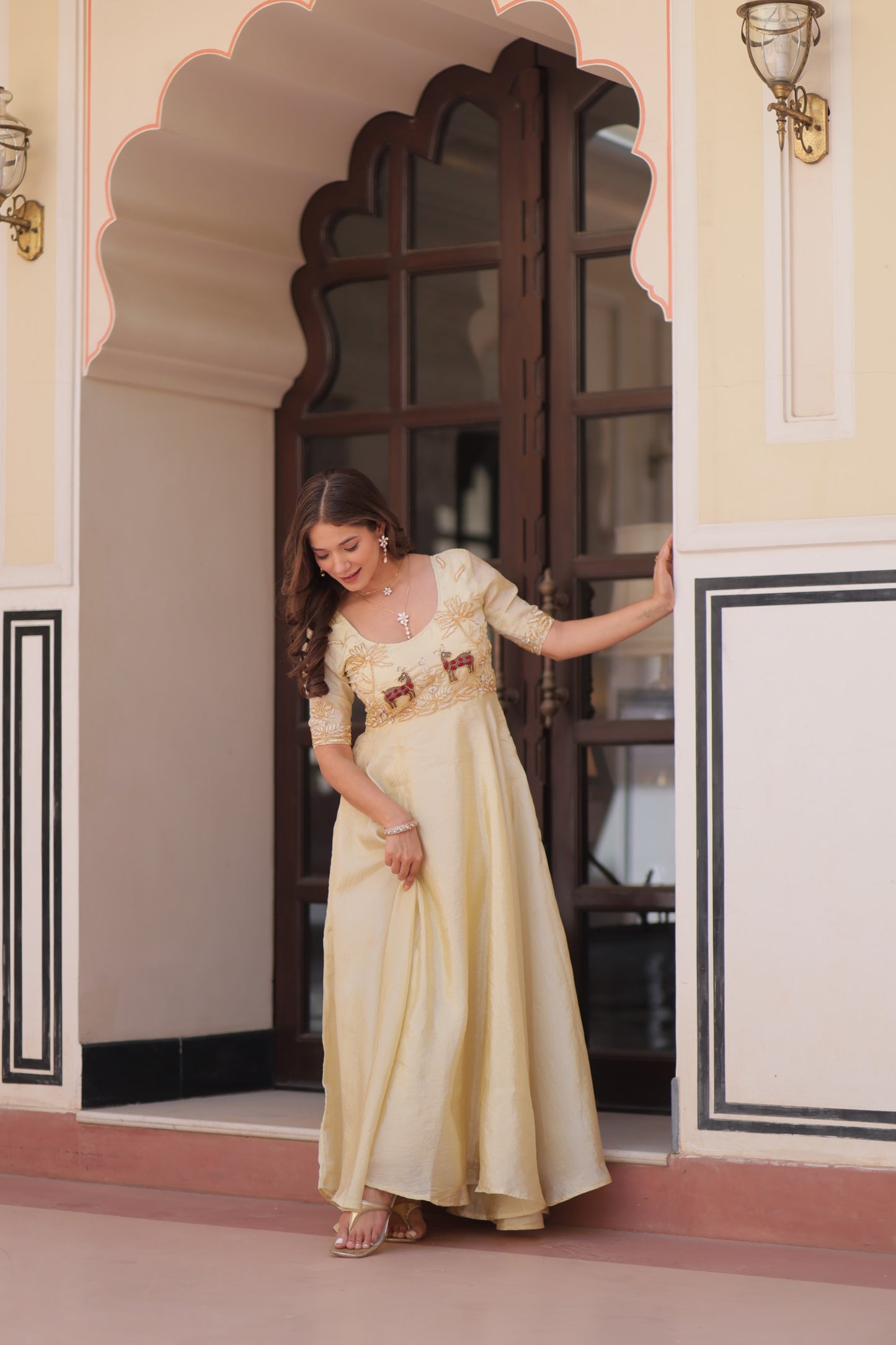 cream Color Beautiful Partywear Gown in silk fabric