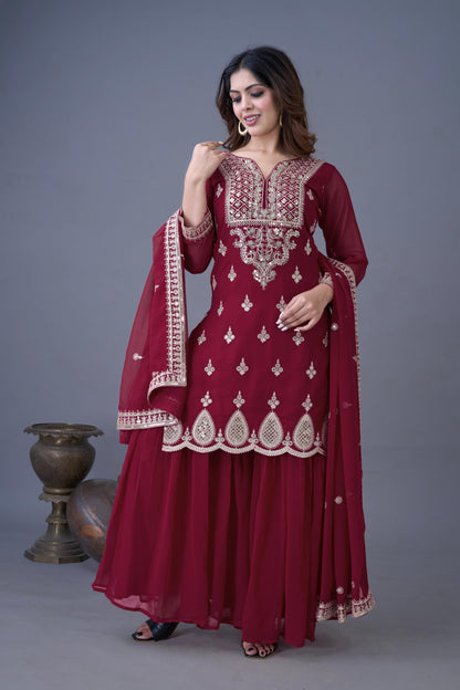 Designer Red Color Partywear Dress in Georgette Fabric