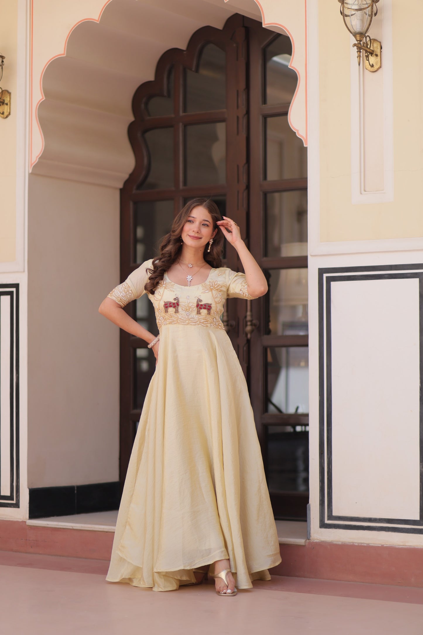 cream Color Beautiful Partywear Gown in silk fabric