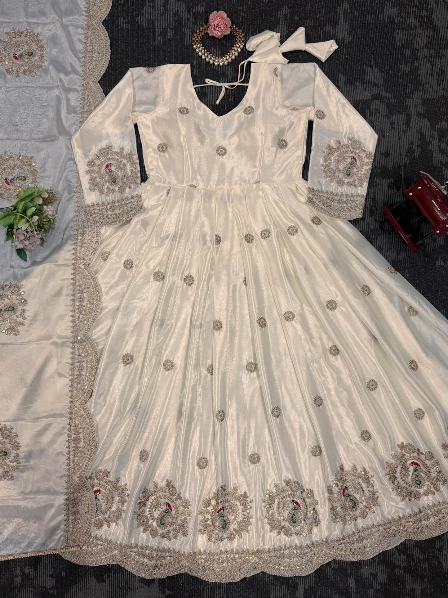Beautiful Designer Gown On Chinon Silk Febric With Inner And Coding With Sequnce Work And Dupatta