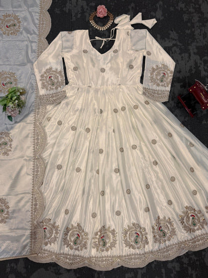 Beautiful Designer Gown On Chinon Silk Febric With Inner And Coding With Sequnce Work And Dupatta