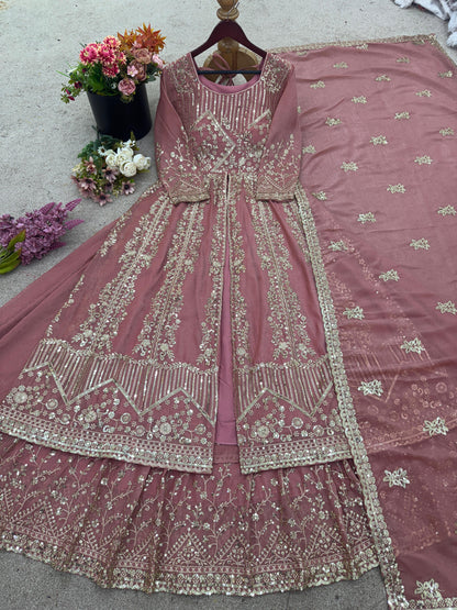 Crunchy Silk Beautiful Plazzo suit in pink color