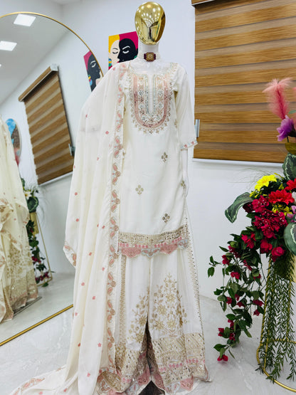 Designer Party Top Sharara & Dupatta Set in white color
