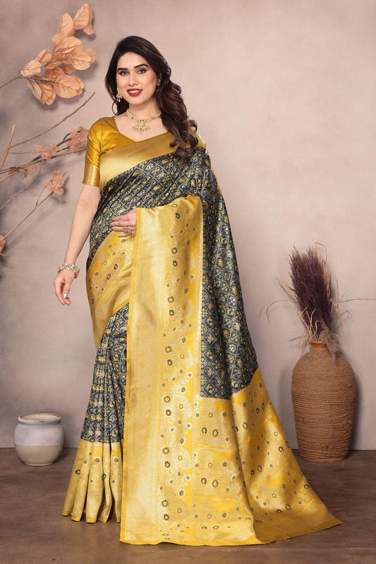 Yellow Dark Grey Color Beauitful Daily Wear Use Saree