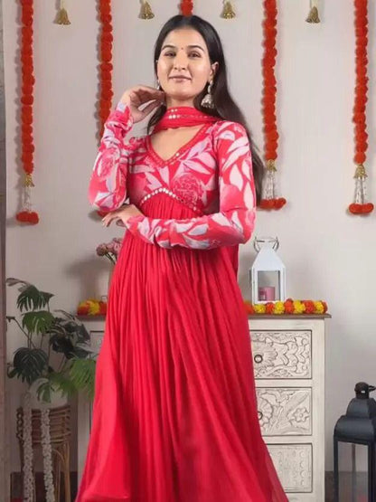 Red Color Beautiful Partywear ANarkali Dress with dupatta