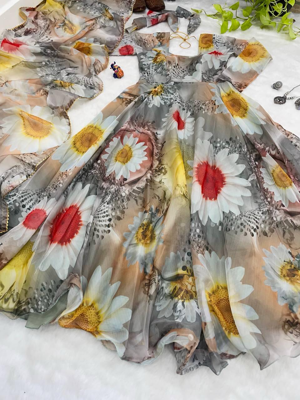 Party Wear Look Organza Taby Silk Gown With Dupatta Pant