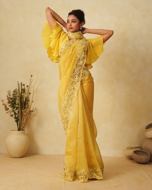 Yellow Color Beautiful  Soft Crunchy Silk Saree