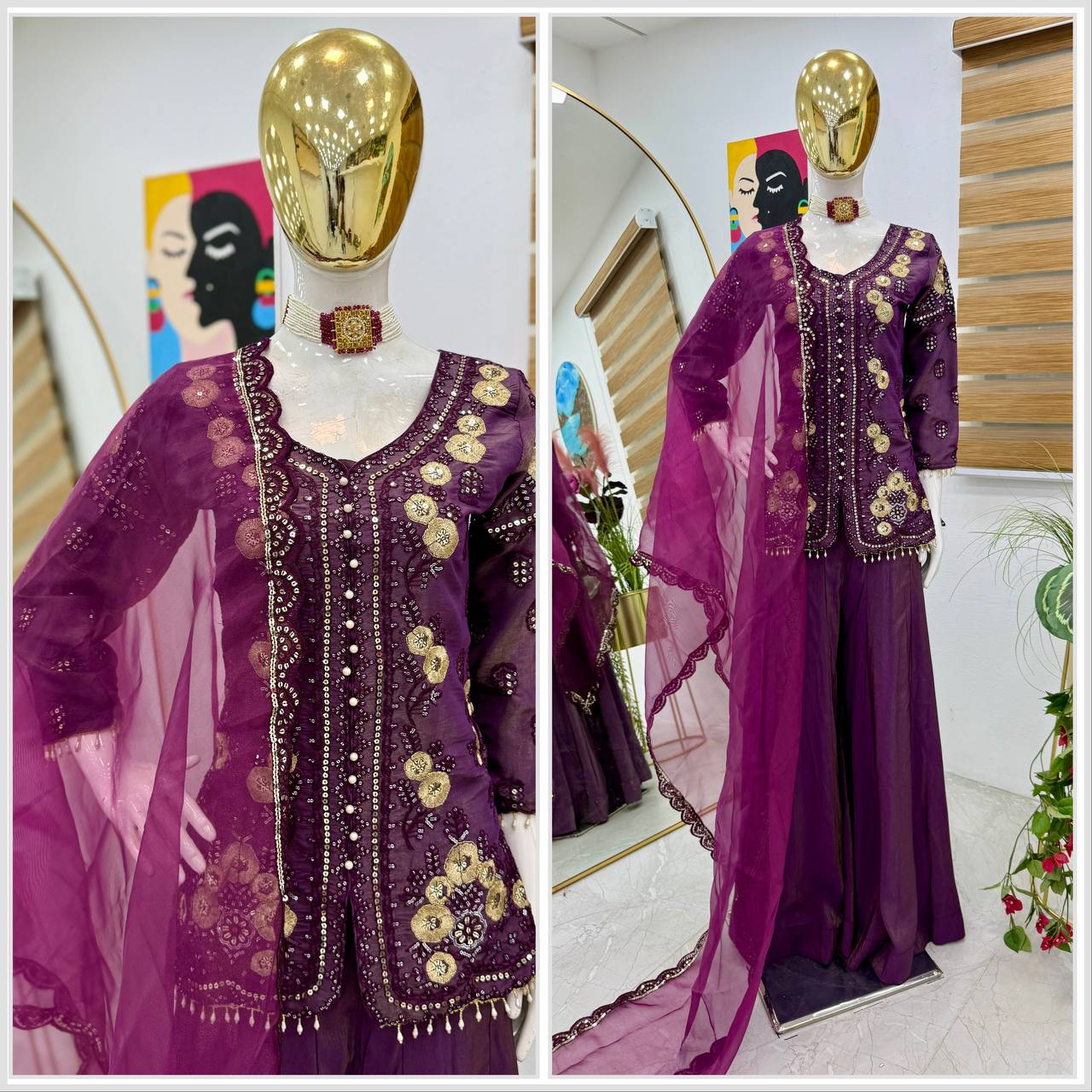 Designer Party Top Pallazo & Dupatta Set in purple color