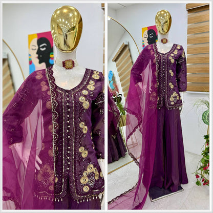 Designer Party Top Pallazo & Dupatta Set in purple color