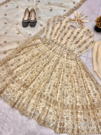 White Cream Color Beautiful Partywear Dress in Chinon Fabric