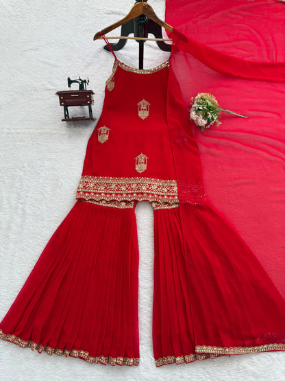 designer sharara set in red colour for karva chauth