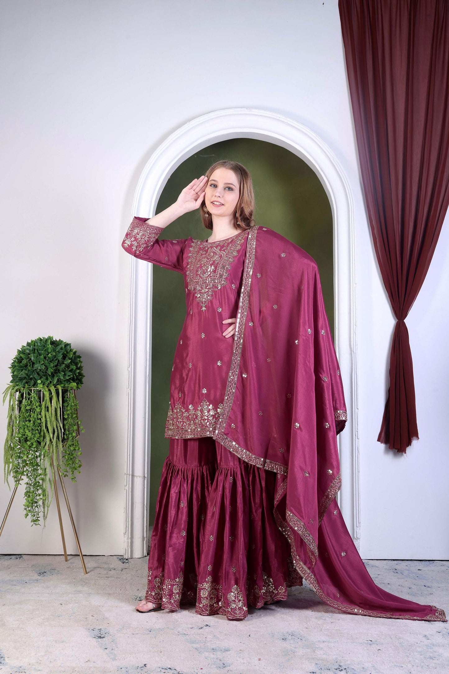 Embroidery And Sequence Worked Top-Sharara And Dupatta Set Fully Stitched Ready To Wear