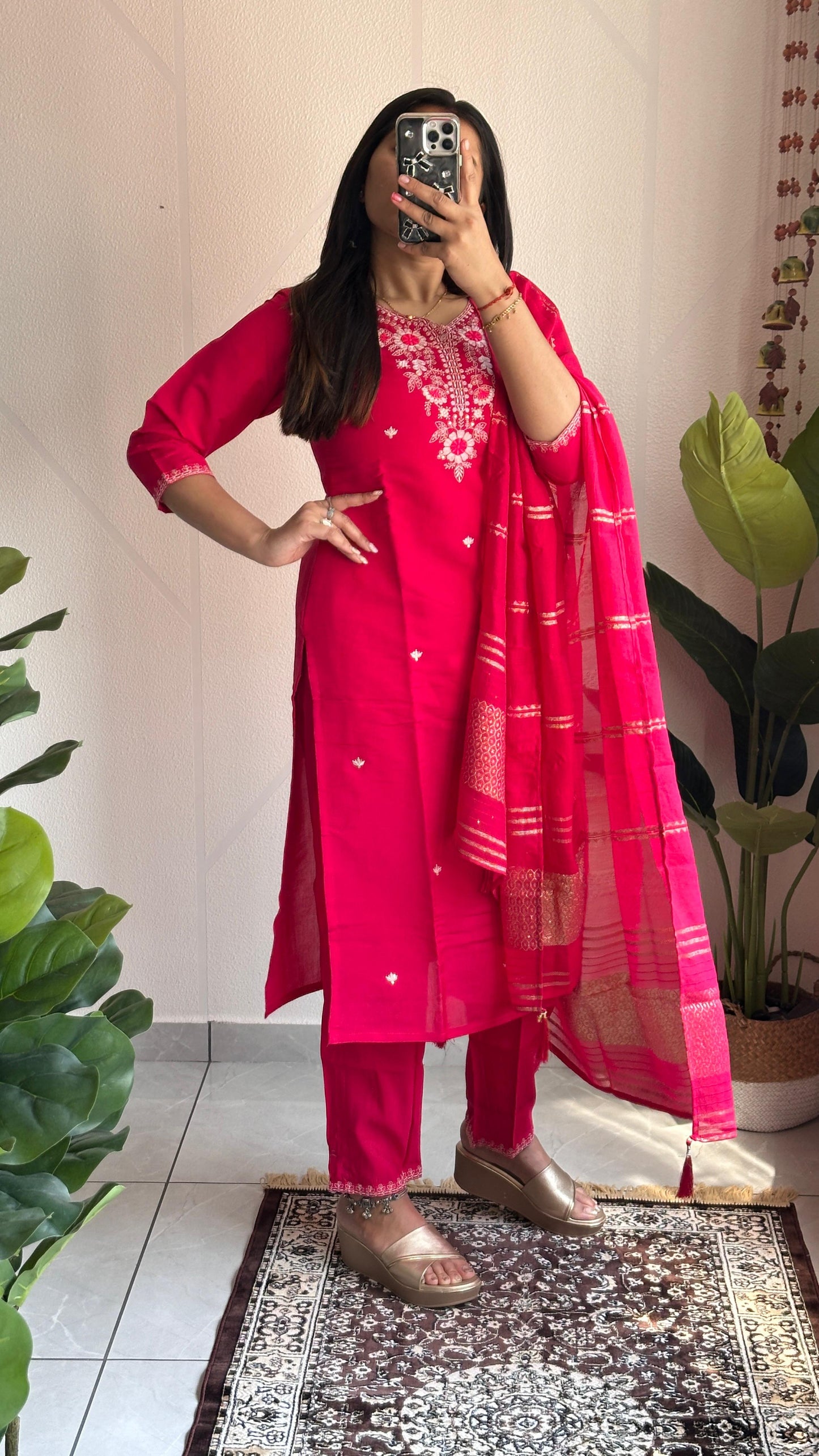 Pink color summer Wear Dress in Roman silk Fabric