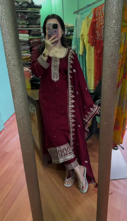 Chinnon And Heavy Embroidery Sequence Work Top-Bottom And Dupatta Set