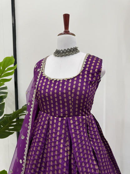 Purple Color Beautiful Gown in Jacquard Silk Fabric