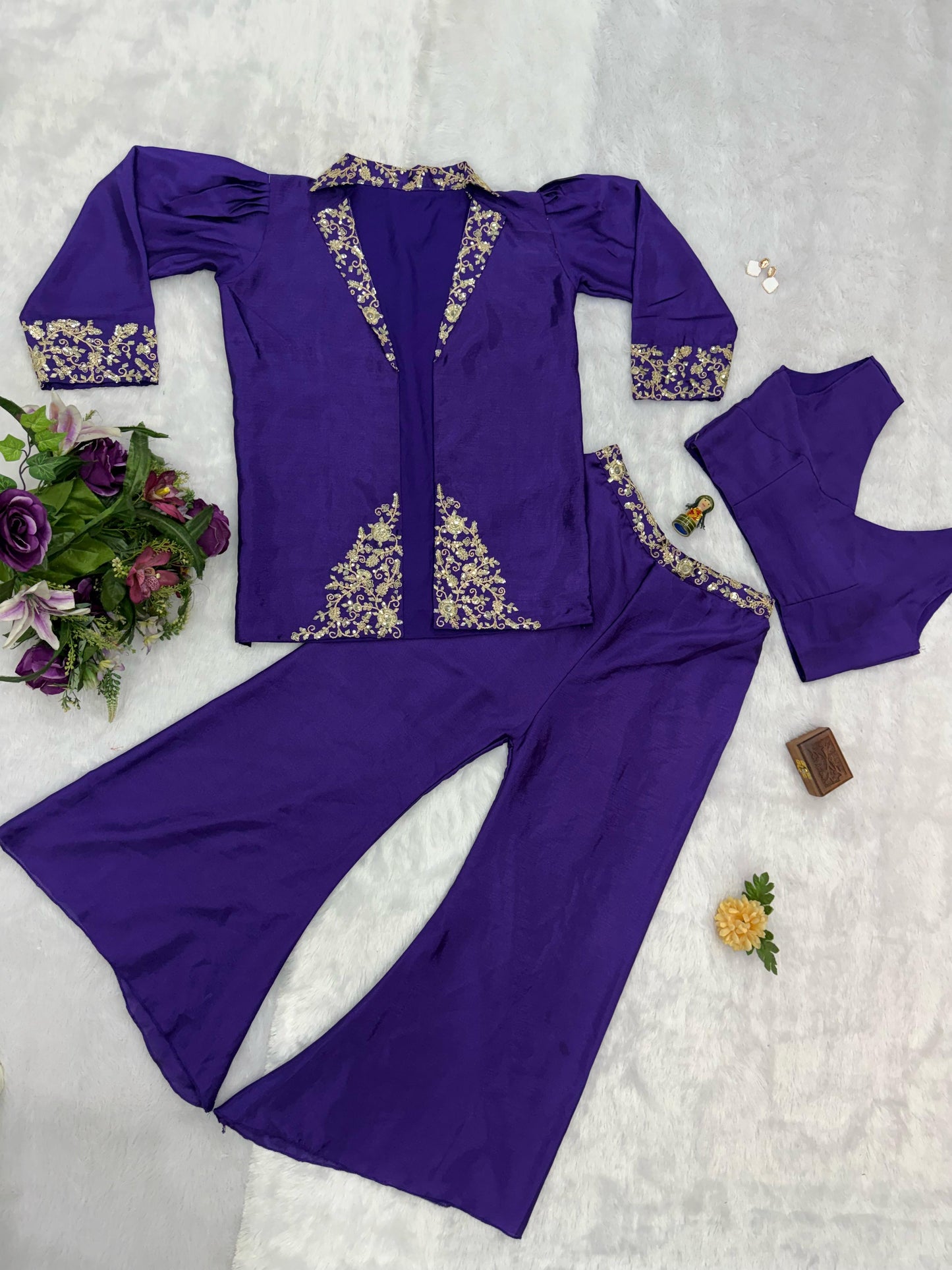 Trending Indo-Western Koti, Blouse & Plazzo With Embroidered Work