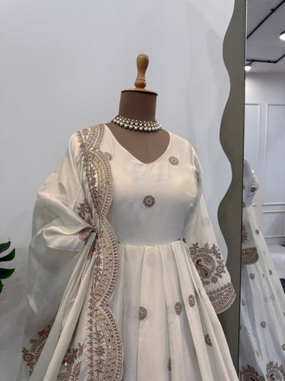 Beautiful Designer Gown On Chinon Silk Febric With Inner And Coding With Sequnce Work And Dupatta