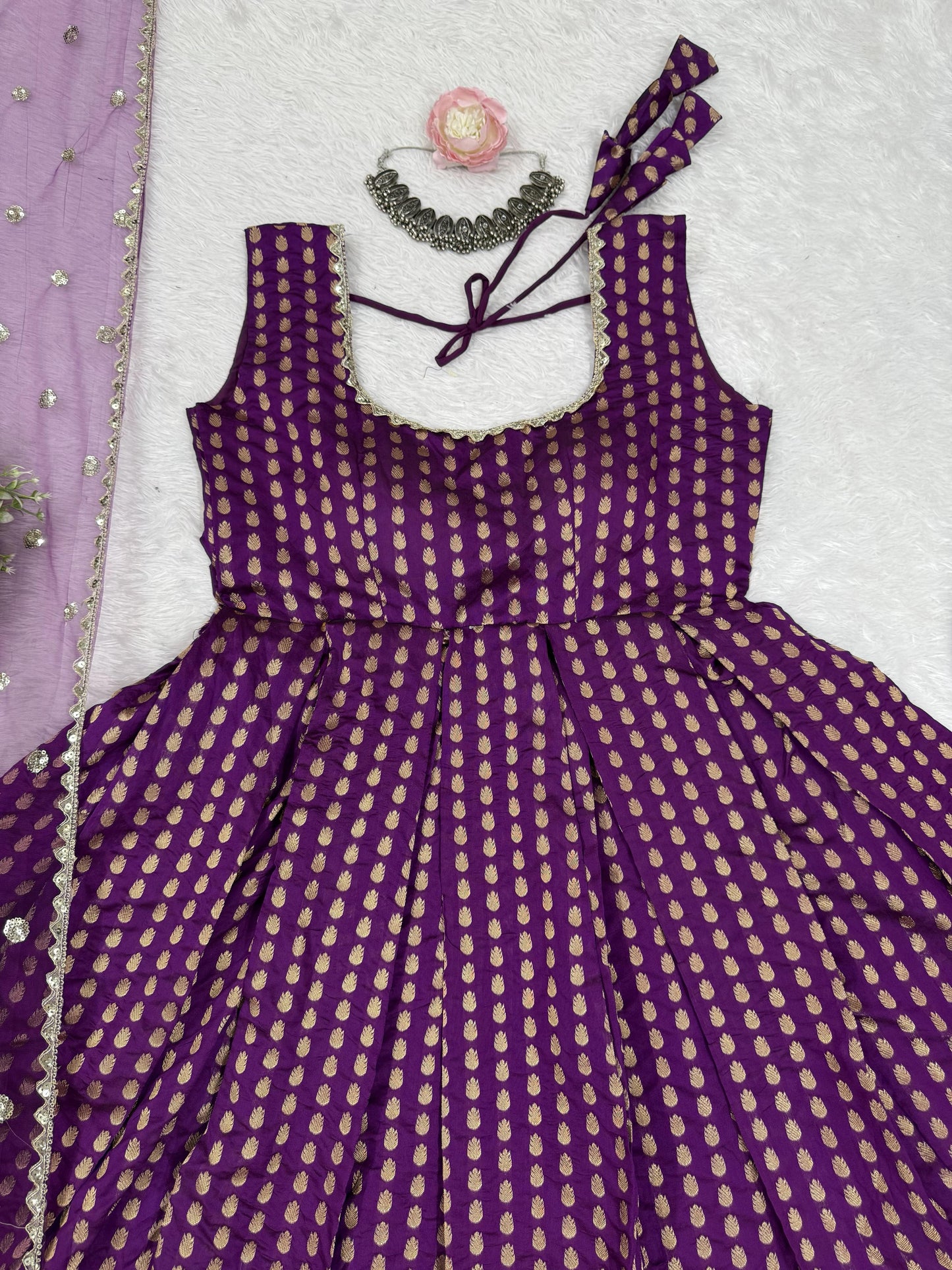 Purple Color Beautiful Gown in Jacquard Silk Fabric