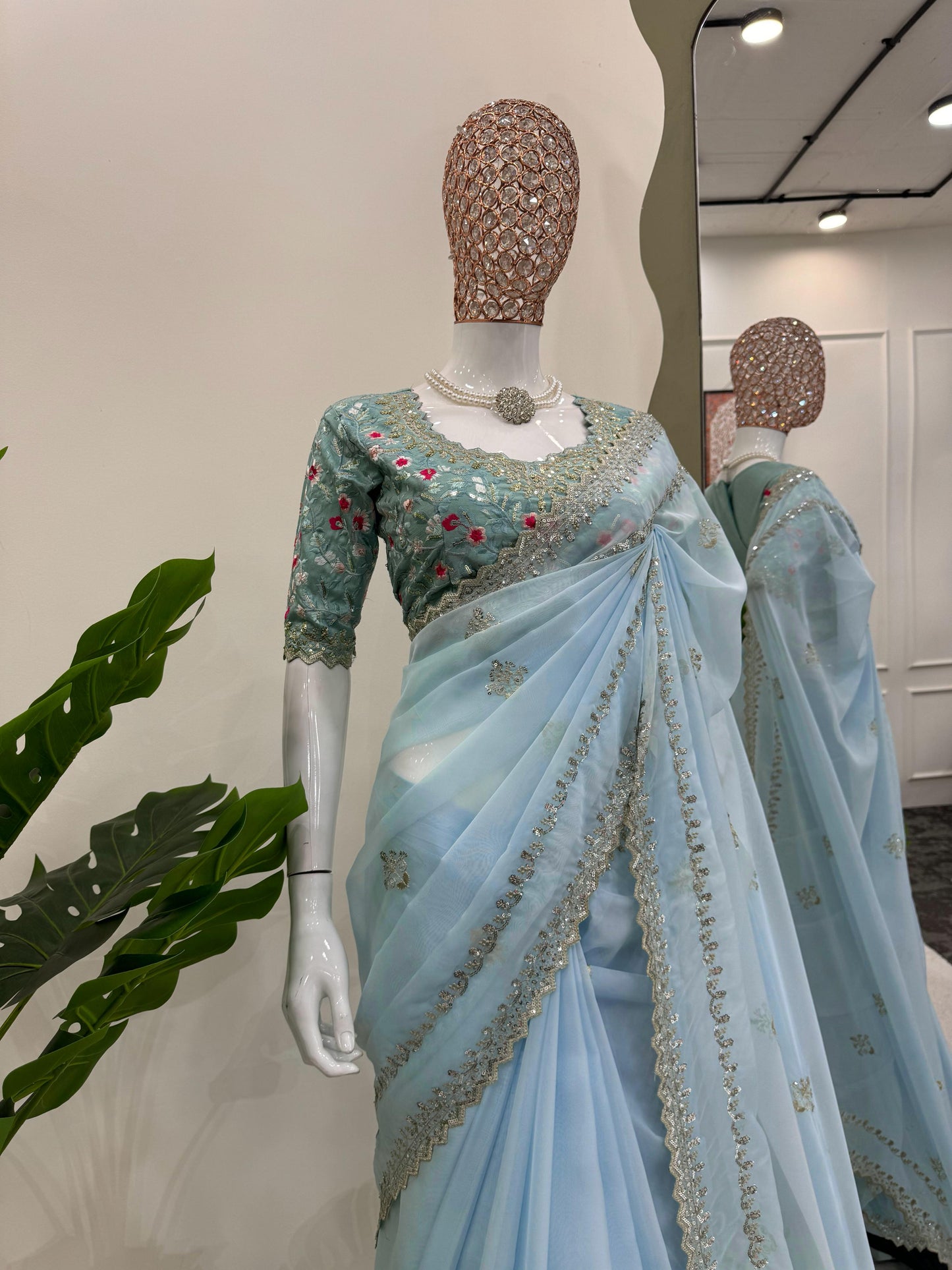 sky blue colour fancy partywear saree in silk fabric