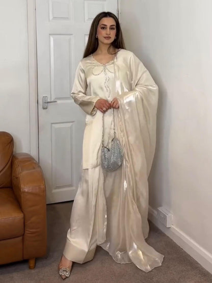 Đěsigner Party Wear Look Pur Natural Crepe Top & Palazzo With Dupatta Set