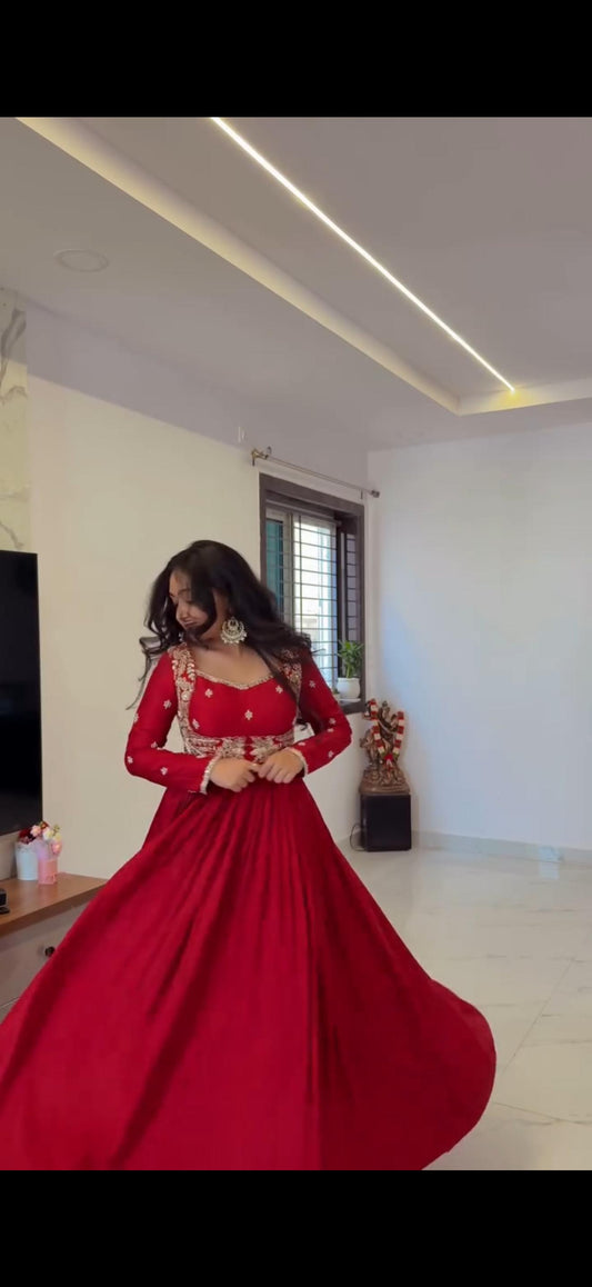 red colour beautiful partywear dress in chinon silk fabic