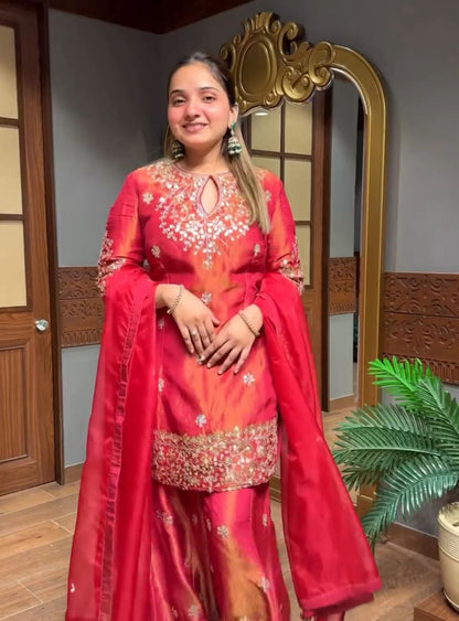 Simar Silk With Embroidery Work Top-Bottom And Dupatta Set Fully Stitched Ready To Wear