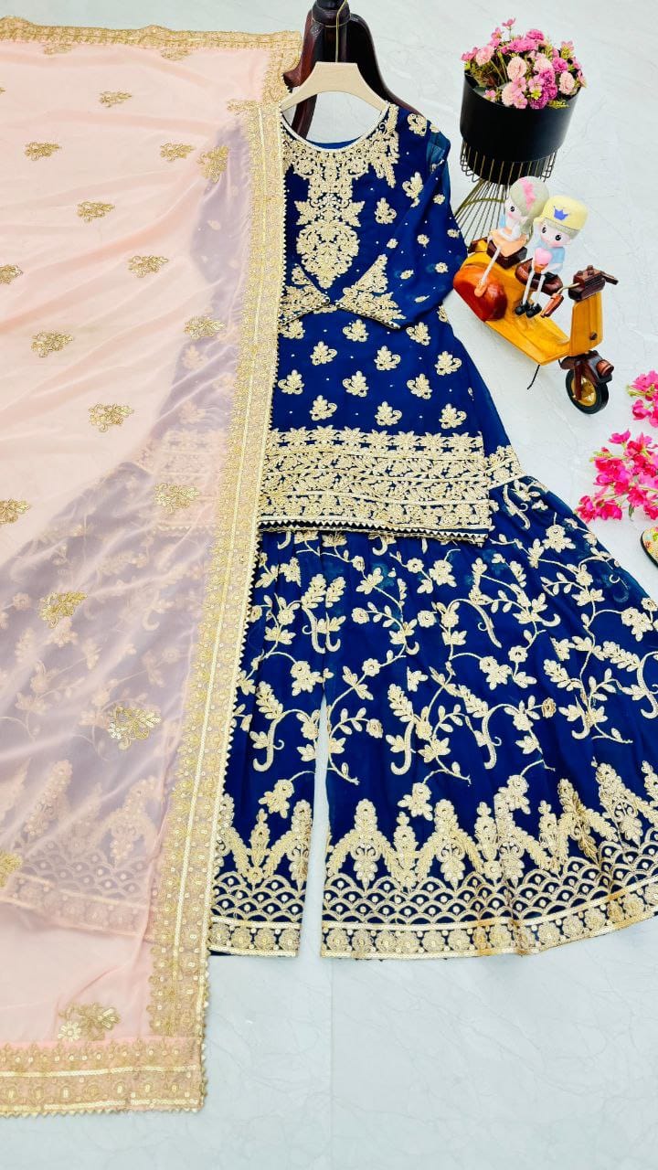 Blue Color Beautiful Sharara Dress in Georgette Fabric