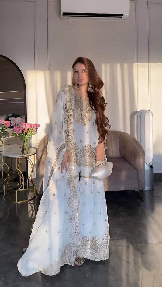 White Color Beautiful Sharara Suit in Silk Color