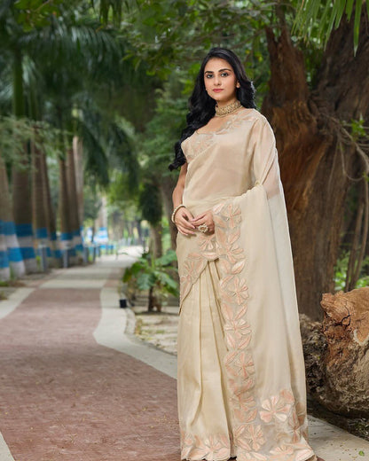 Beautiful White Cream color organza silk saree