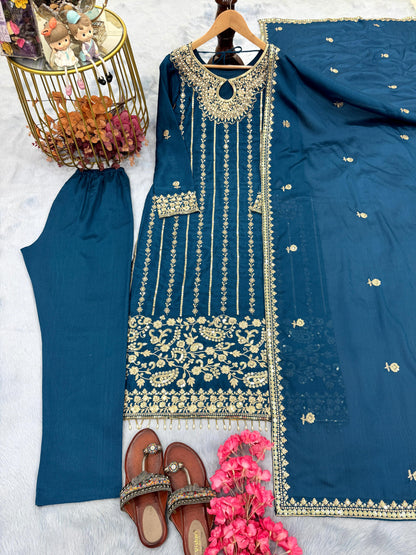 Blue Color Beautiful Partywear Dress IN Chinon Fabric