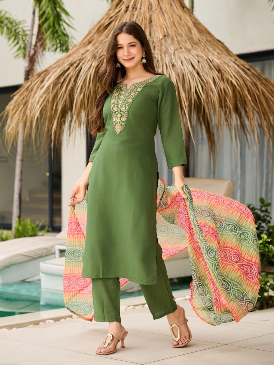 rayon embroidered straight kurta with pant and dupatta sets
