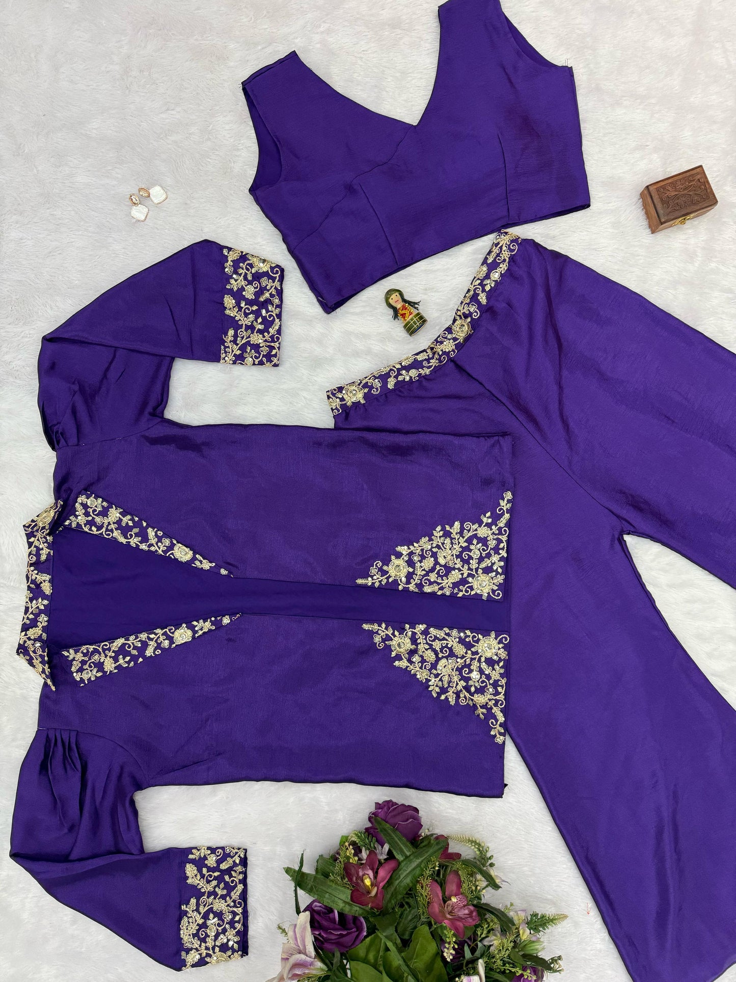 Trending Indo-Western Koti, Blouse & Plazzo With Embroidered Work