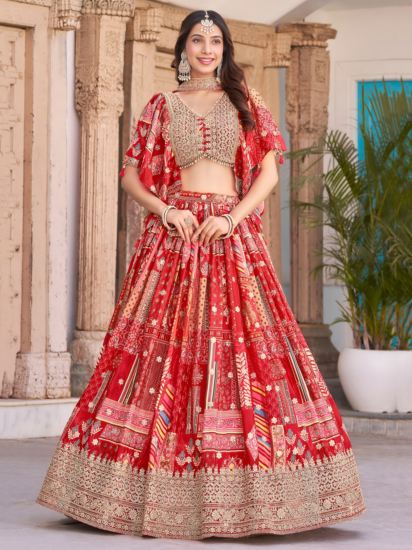 Red Color Beautiful Lehenga Choli in Chinon Silk Fabric