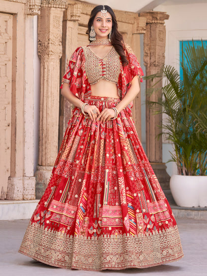 Red Color Beautiful Lehenga Choli in Chinon Silk Fabric