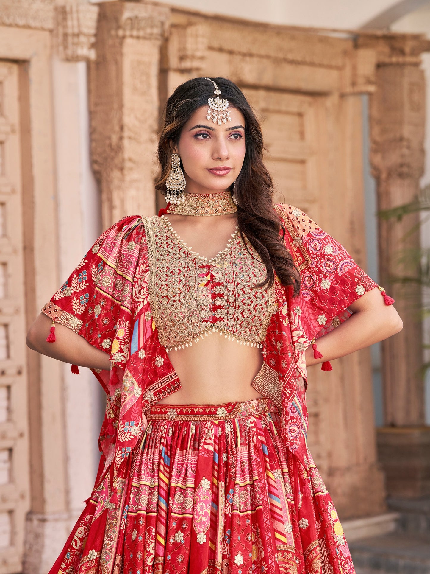 Red Color Beautiful Lehenga Choli in Chinon Silk Fabric