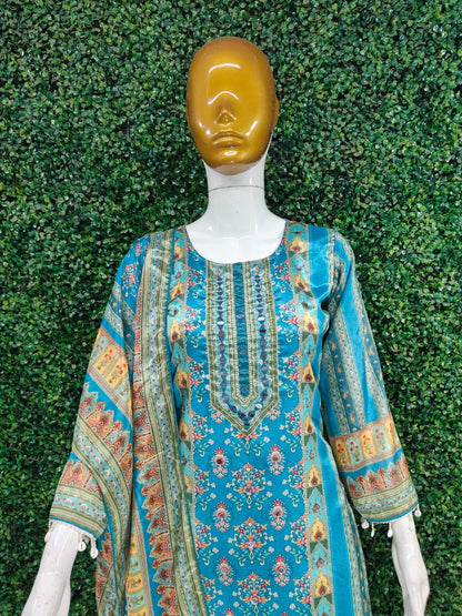 Trending Top With Printed Work With Mirror Work With Top Bottom And Dupatta Set