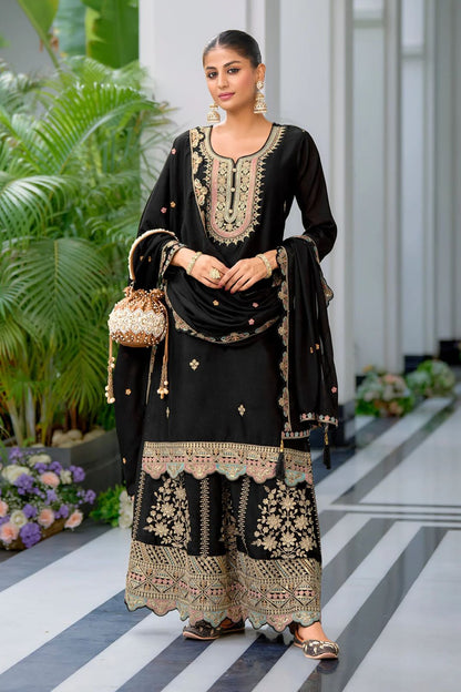 Designer Party Top Sharara & Dupatta Set in black color