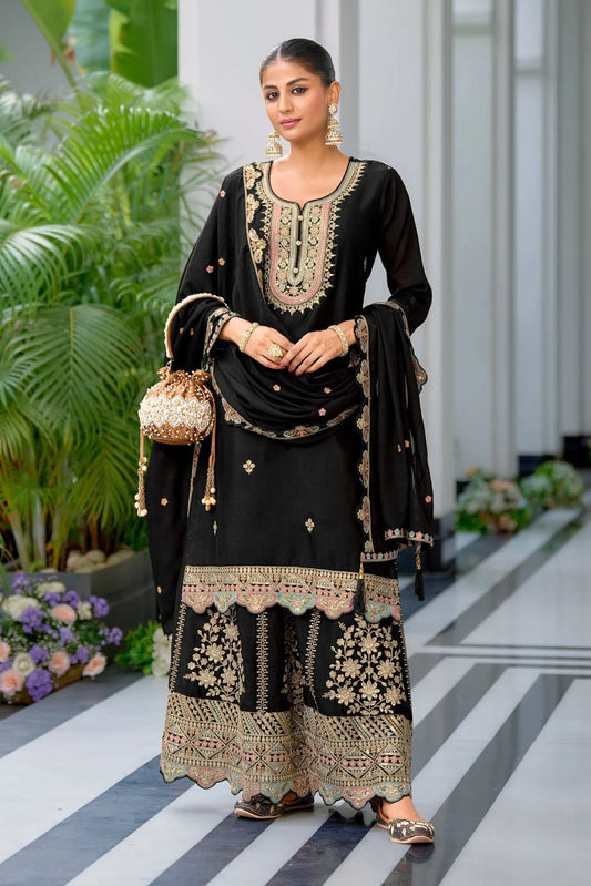 Designer Party Top Sharara & Dupatta Set in black color